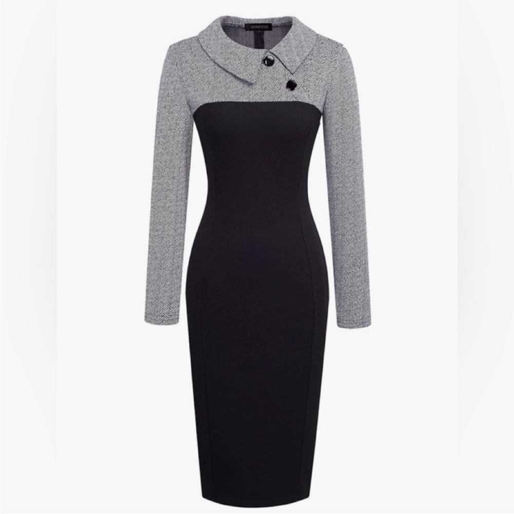 HOMEYEE Women's Retro Chic Colorblock Lapel Career Tunic Dress